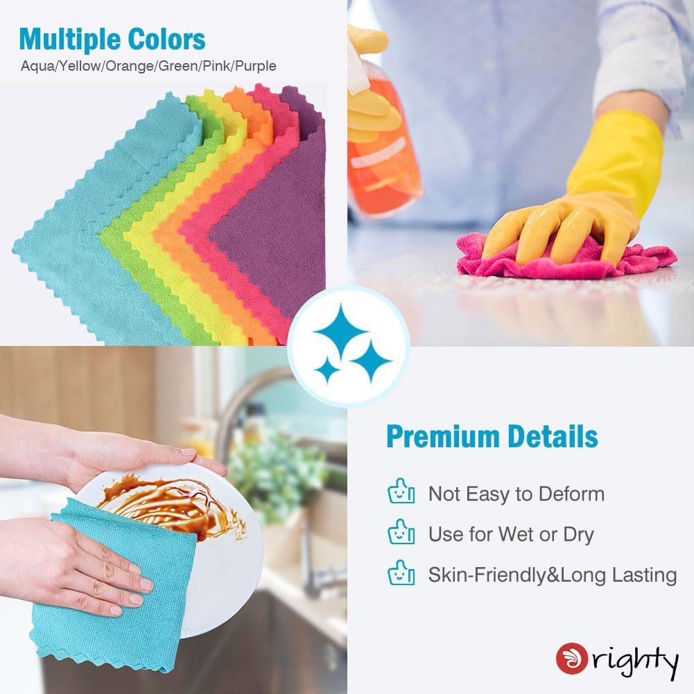 Orighty Microfiber Cleaning Cloth 24 Pack, Highly Absorbent Cleaning Supplies, Lint Free Cloths for Multiple-use, Powerful Clean Rags for House, Kitchen, Car Care (Multi-Color) 11.5 x11.5 inch