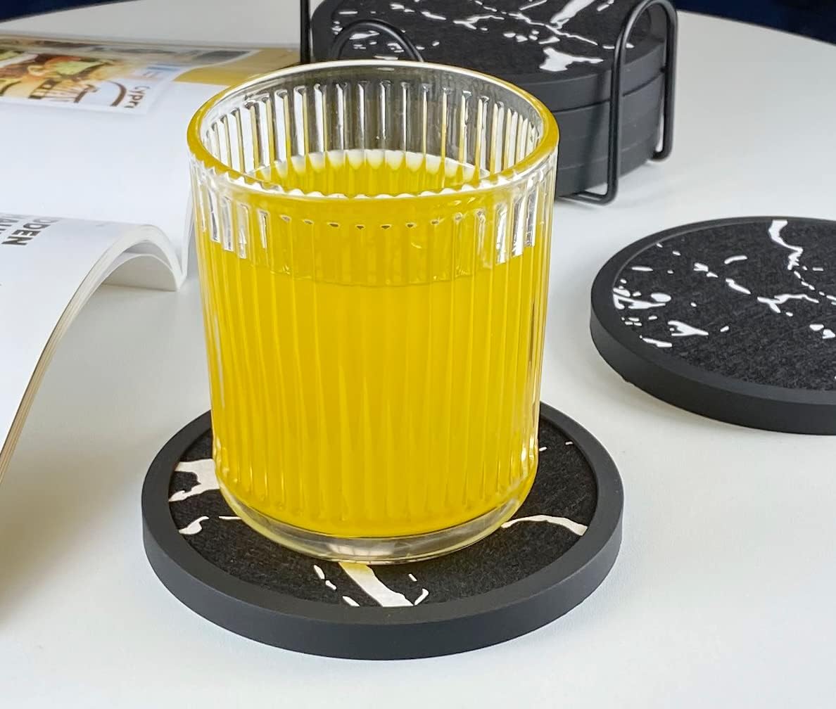 Absorbent Coasters for Drinks with Holder - 6packs, Silicone Coaster with Soft Felt Insert (4.5 inch Holder, Marble Pattern)