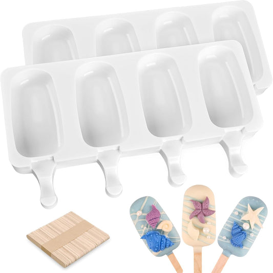 Sakolla 2 Pack Silicone Popsicle Molds, Larg Oval 4 Cavities Homemade Ice Pop Molds with 50 Wooden Sticks for Ice Cream, Cakesicles, Cake Pop (White)