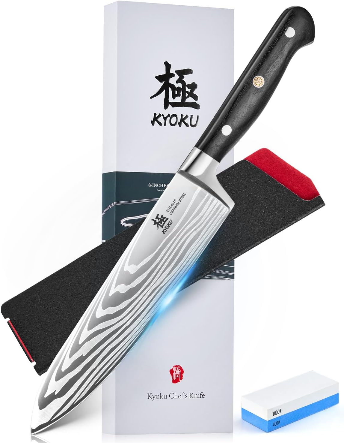 KYOKU 8" Chef Knife, Samurai Series Japanese Chef's Knife with Sharpening Stone, High Carbon Steel Kitchen Knife with Pakkawood Handle Mosaic Pin Gift Box for Meat Vegetable Fruit Chopping Slicing