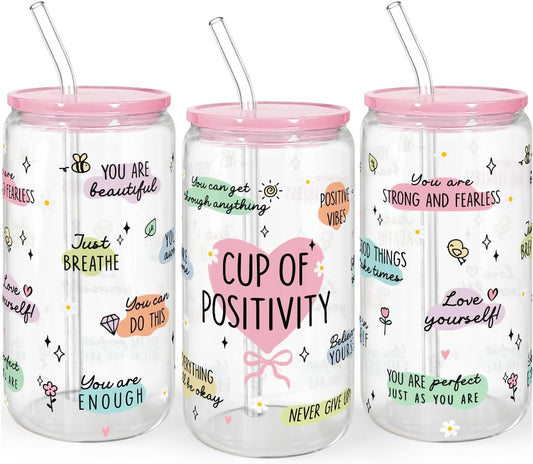 SANDJEST Inspiration Gifts - Glass Tumbler 16oz with Acrylic Lid and Straw - Iced Coffee Cups for Women, Aesthetic Glass Cup Gift for Birthday Christmas