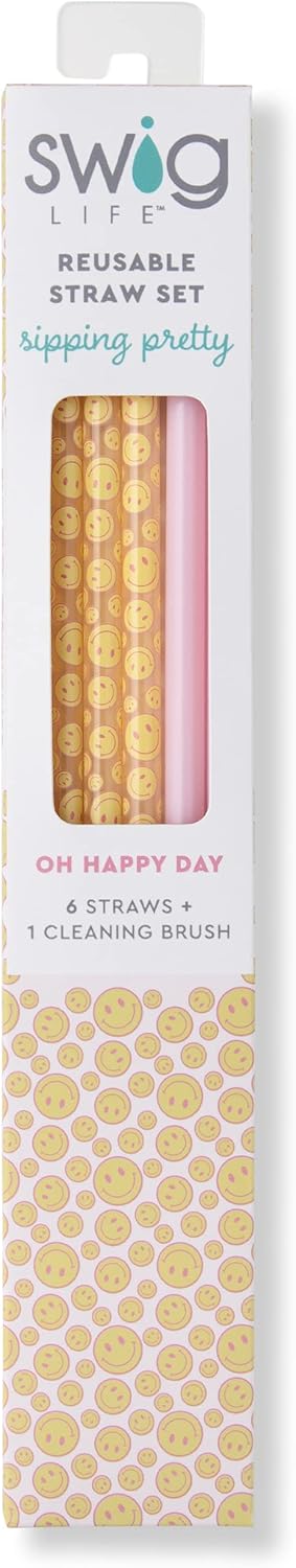 Swig Life Reusable Straws Oh Happy Day + Pink Tall Straw Set & Cleaning Brush, Each Straw is 10.25 inch Long (Fits Swig Life 20oz Tumblers, 22oz, and 32oz Tumblers)