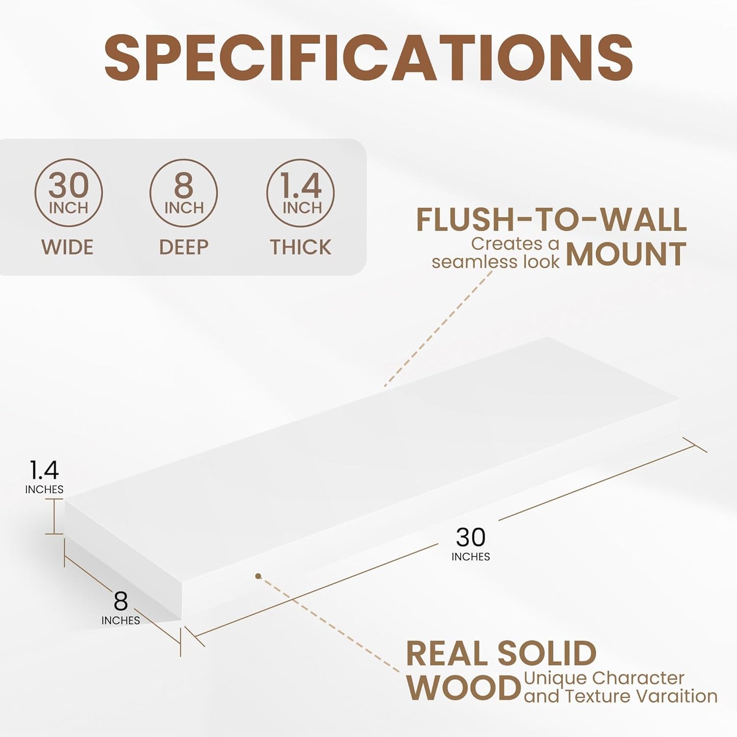 Fun Memories Rustic Floating Shelves for Home Decor, 8 Inch Deep Floating Shelf, Solid Wood Floating Wall Shelves 30 Inch Long, Deep Wall Shelves for Bathroom, Living Room, White Finsh, Set of 2