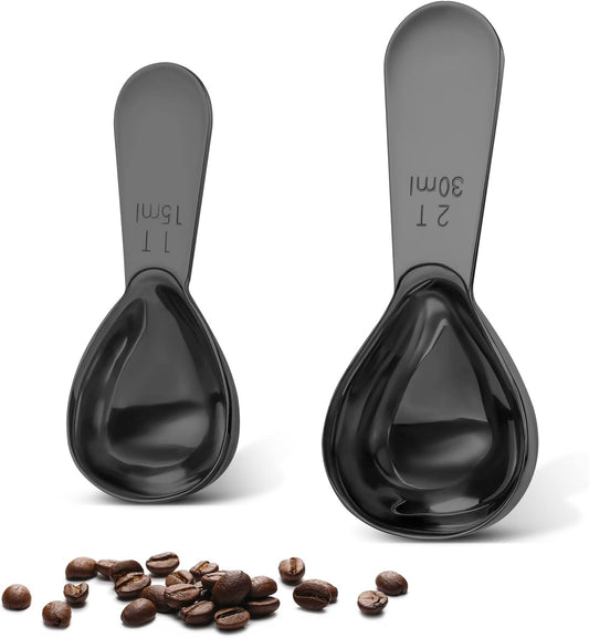 Stainless steel coffee scoop 2-piece set (1 tbsp, 2 tbsp) durable Tablespoon, ergonomic measuring spoon, Suitable for small and large jars，short-handled spoon (Black)