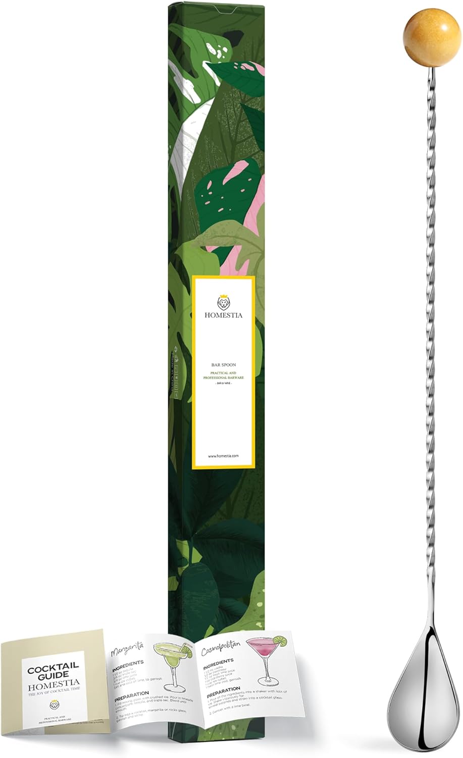 Homestia 12-Inch Natural Gemstone Bar Spoon, 304 Stainless Steel Cocktail Spoon for Layering Long Spiral Handle Mixing Spoon Stirrers for Drink (Yellow)