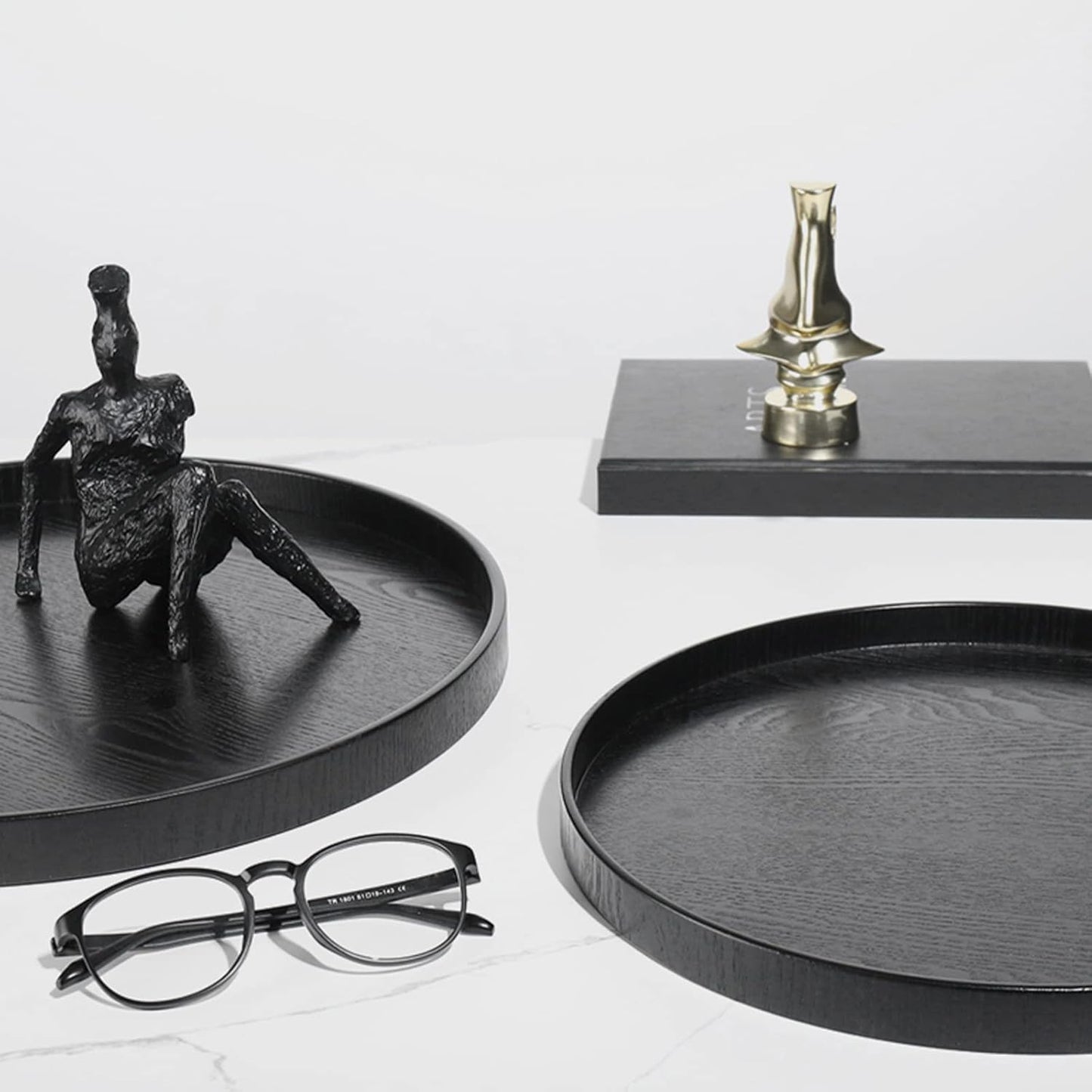 Round Solid Wood Serving Tray Extra Large Tea Coffee Snack Food Meals Serving Plate Non-Slip Kitchen Party Bar Server Ottoman Tray Breakfast Tray with Raised Edges (15inch/37.5cm) Black