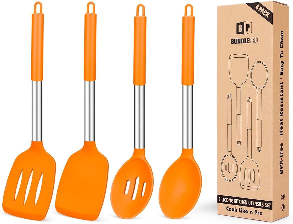 Pack of 4 Silicone Cooking Utensils Set, Non Stick Large Solid Spatulas, Heat Resistant Slotted Spoons, Ideal BPA Free Kitchen Turners for Frying, Mixing,Serving,Draining,Turning,Stirring (ORANGE)