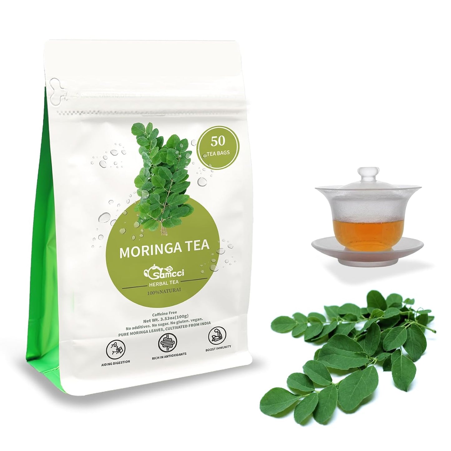 Samcci - Moringa Tea - 50 Tea Bags - Pure Moringa Leaves, Herbal Tea for Supporting Digestion & Immune System - Non-GMO - Vegan - Caffeine-Free - Natural Herbal
