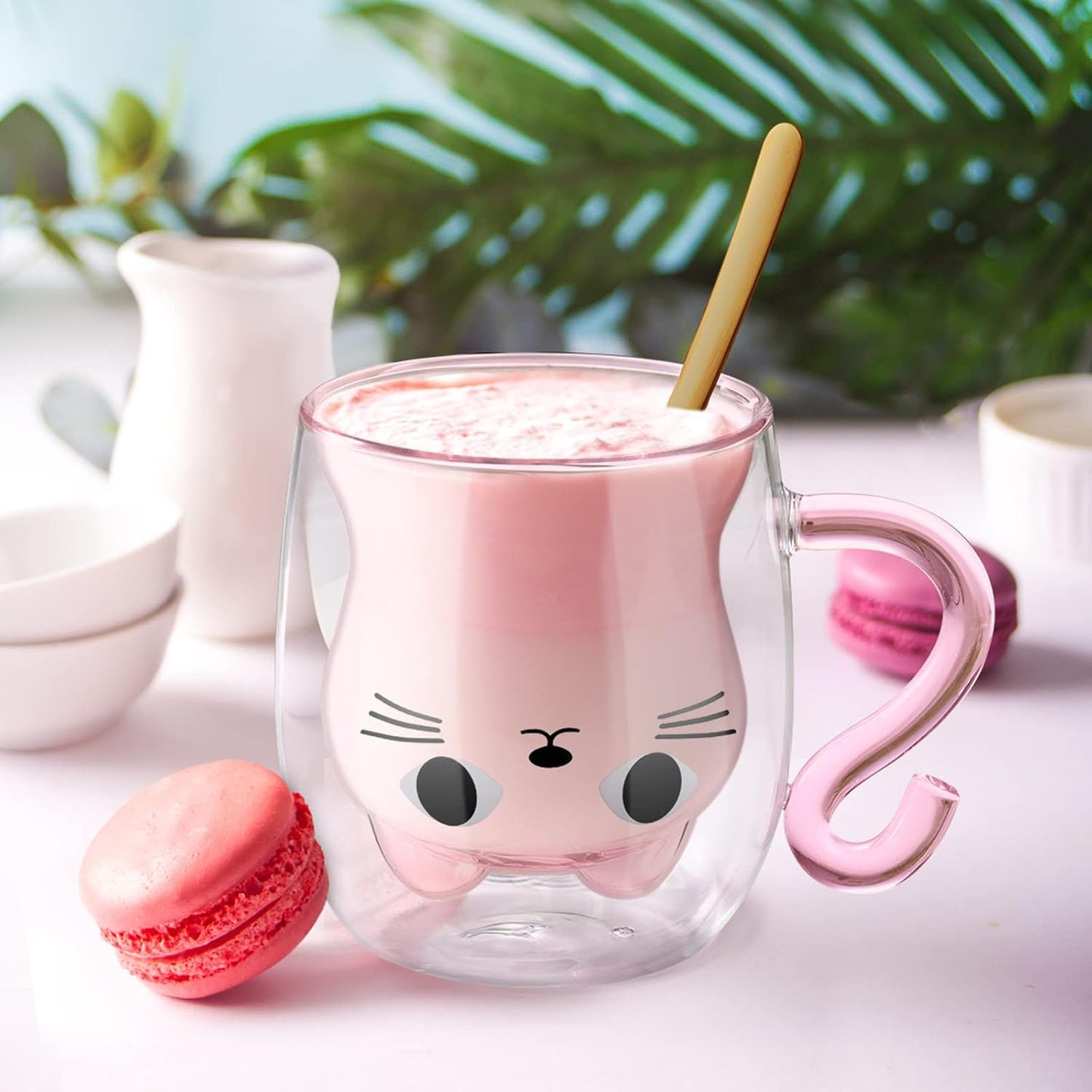 ecooe Cute Cat Mug Double Walled Glass Mug 290ml Coffee Cup Cappuccino Latte Glass Cup with Handle and Spoon, Clear Glass Coffe Mug Tea Cup Cat Birthday Christmas Gifts for Women Kids Girls Friends
