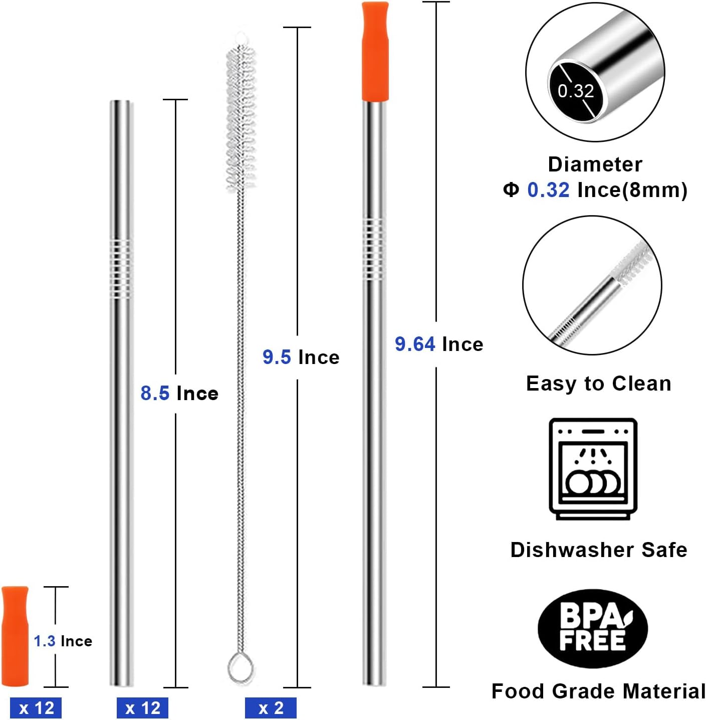 Newly Upgraded 8.5In Reusable Stainless Steel Straws Set 12 PCS with 12 Silicone Tips, 2 Straw Brush, 1 Storage Case, BPA Free, Eco-Friendly Metal Straws for 14, 20, 30 oz Tumbler，for Hot/Cold Drinks