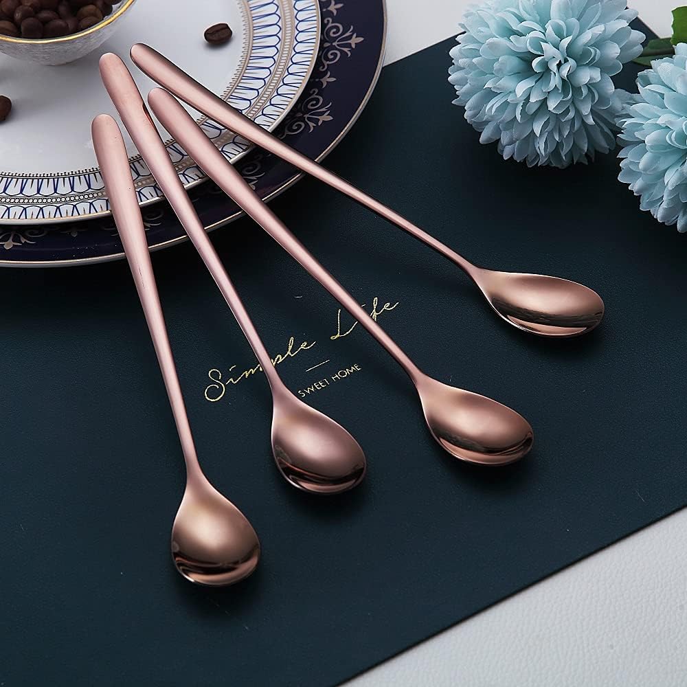 Premium Rose Gold Set of 6 Stainless Steel Long Handle Stirrers and Spoons for Coffee, Ice Tea, Ice Cream, Cocktails