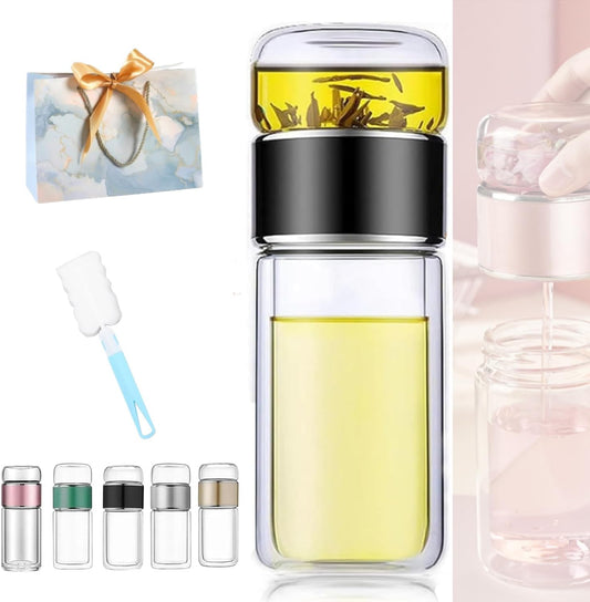 Tryteava Glass Infuser, Tryteava 3-in-1 Smart Tea Infuser, Portable Glass Double Wall Tea Infusers Bottle, with Stainless Steel Filter, Hot & Cold Brew, For Loose Leaf, Office Home (Black, 420ml)