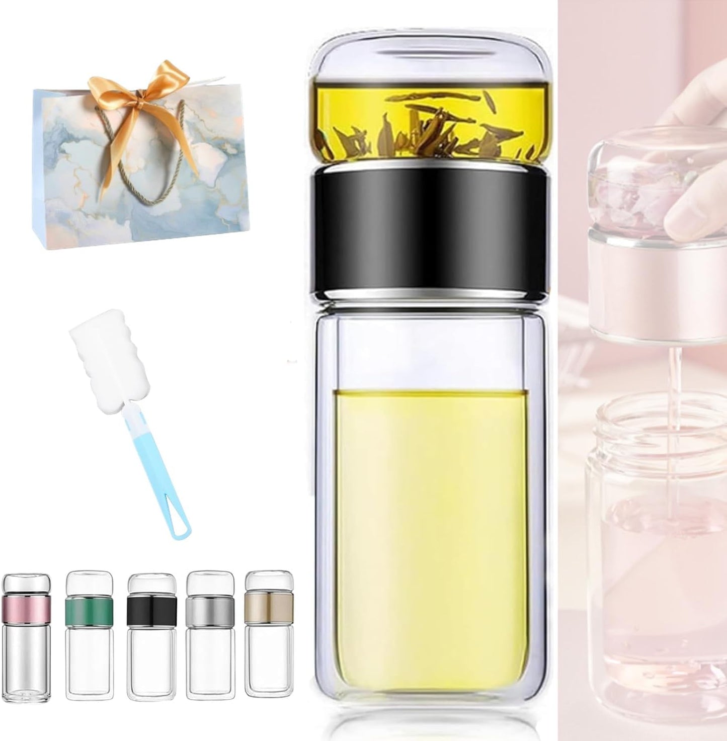 Tryteava Glass Infuser, Tryteava 3-in-1 Smart Tea Infuser, Portable Glass Double Wall Tea Infusers Bottle, with Stainless Steel Filter, Hot & Cold Brew, For Loose Leaf, Office Home (Black, 280ml)