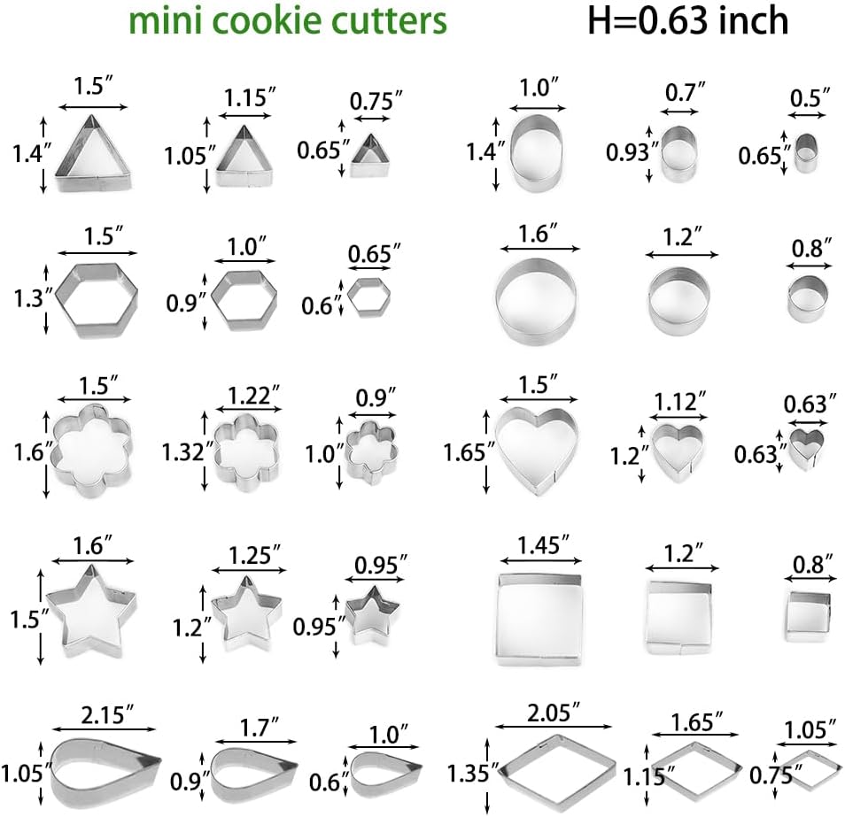 Mini Cookie Cutters Set- Small Heart Star Flower Round Square Hexagon Oval Diamond - 30Pcs Stainless Steel Cookie Cutters - Polymer Clay Cutters Mini Fruit Cutter Small Biscuit Cookie Cutters for Kids