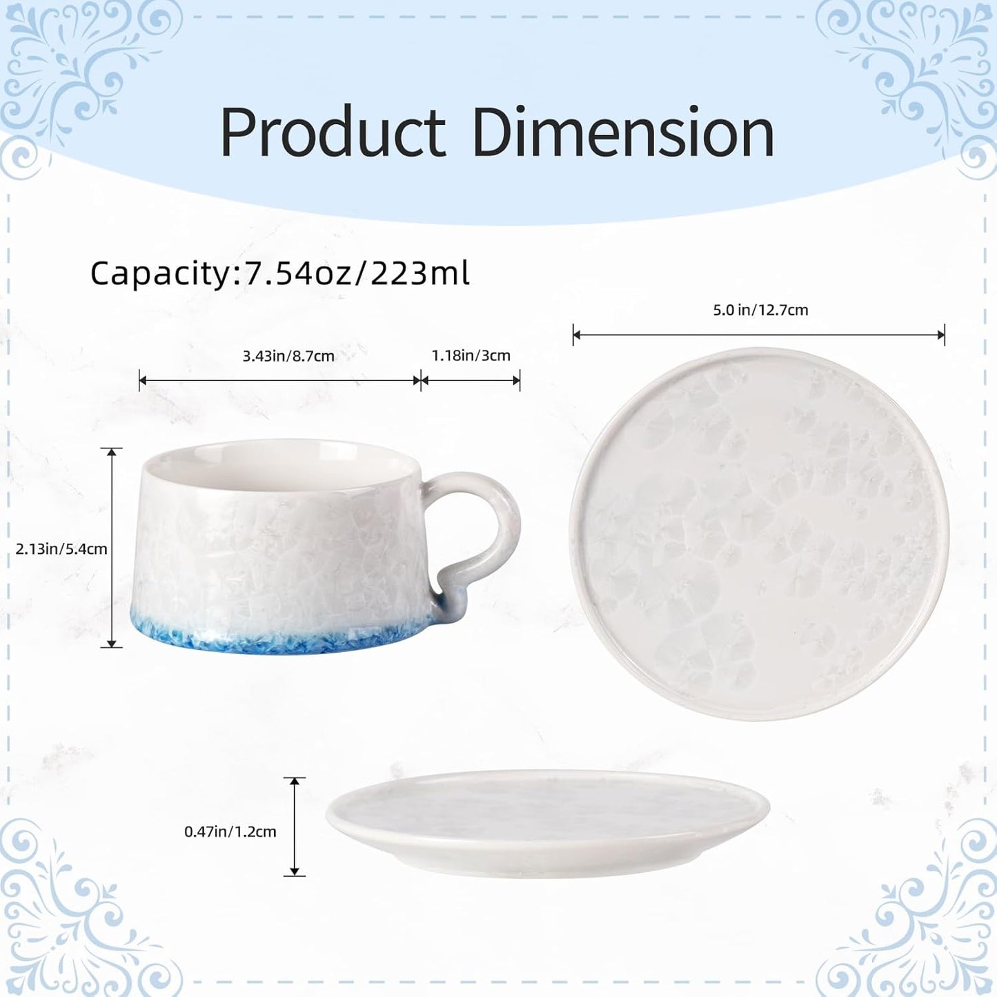 KAMMAK Tea Cups and Saucers Set of 2, Porcelain Coffee Cups, 7.5oz Crystalline Glaze Espresso Mugs, Ceramic Demitasse for Coffee, Cappuccino, Latte, Americano, Tea (Light green + Light blue)
