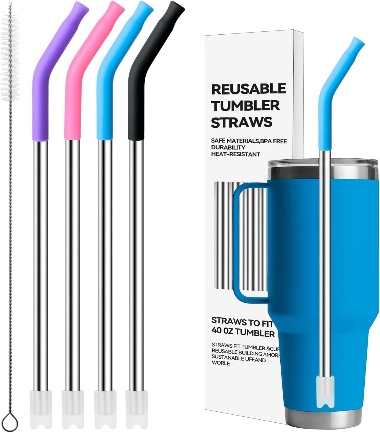 Metal Straws with Silicone Tip for 42 oz YETI Tumbler, 4 Pcs Reusable Stainless Steel Straws for 42 oz YETI, 30oz Stanley Cup(Color 2)