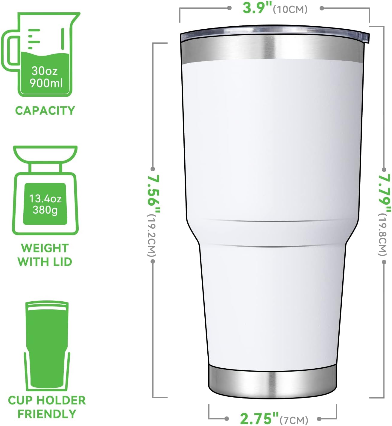 DOMICARE 30 oz Tumbler with Lid and Straw, Stainless Steel Tumblers Bulk, Insulated Vacuum Double Wall Travel Coffee Mug, Durable Powder Coated Tumbler Cup (White, 1)