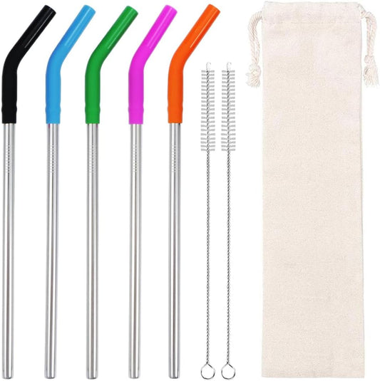 Lazycorner Reusable Stainless Steel Straws Metal Straw with Silicone Tip 5 Pcs 8mm Wide for 20/30/32oz Tumblers Smoothies and Shakes with 2 Cleaning Brushes,1 Portable Bag (Silver)