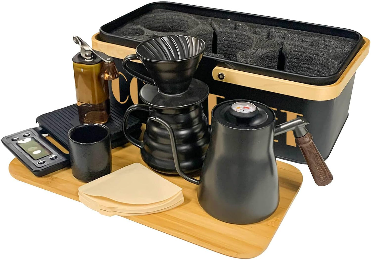 SOTECH Pour Over Coffee Maker Set Coffee Kettle Scale Ceramic Server Ceramic Dripping Cup Bean Grinder Filter Paper Ceramic Cup ALL in 1 Portable Metal Box for Traveling