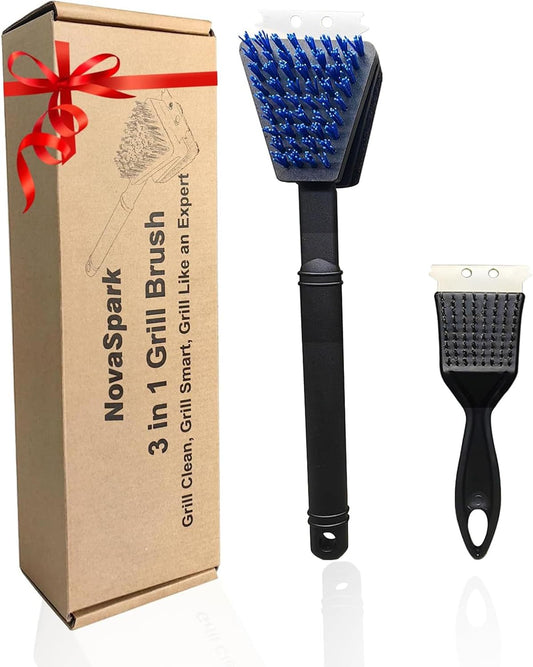 Nylon Grill Brush No Wire Bristle Barbecue Brush Grill Cleaning Kit, Safe Grill Scraper Brush for Outdoor Grill Cleaner with Hole, BBQ Brush Accessories Clean Cool Grates, Gift for Men/Dad 2-Piece Set