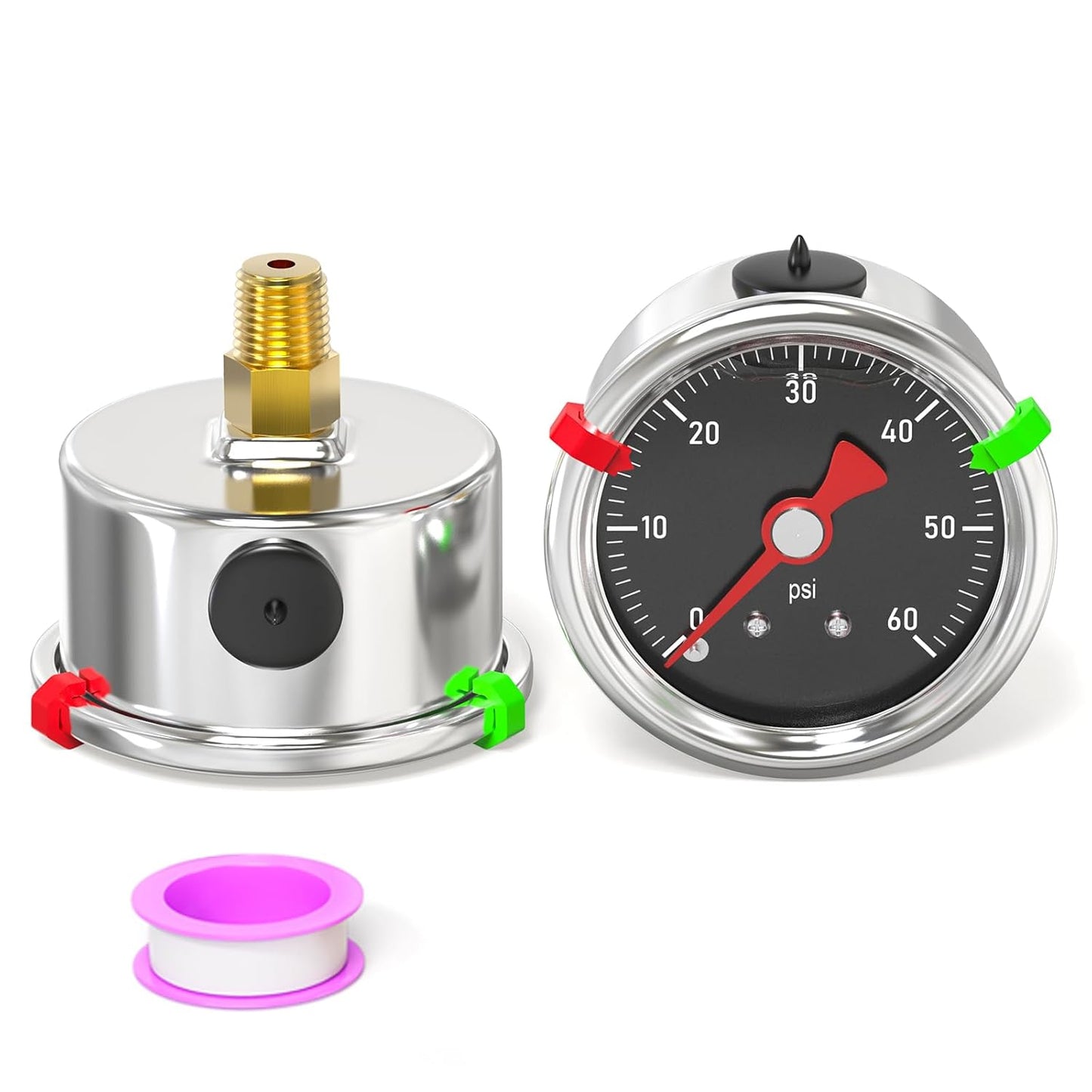 0-60PSI Stainless Steel Glycerin Filled Pressure Gauge 1.5" Black Dial Size, 1/8" NPT Back Mount, for Tube, Water Pump, Gas, Liquid, Pressure Test (with Range Mark Pointer)