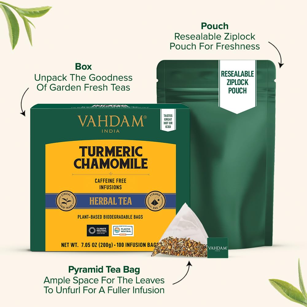 VAHDAM, Turmeric Chamomile Tea Bags (100 Herbal Tea Bags) Caffeine Free,100% Pure Herbal Tisane - Warm, Earthy & Floral | Infused With Chamomile Flowers | Resealable Ziplock Pouch