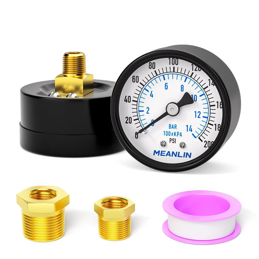 MEANLIN MEASURE 0-200Psi 2" DIAL FACE 1/8" NPT Well Pump Pressure Gauge, with 1/4" NPT and 3/8" NPT Hex Bushing, 3-2-3% Accuracy, Center Back Mount