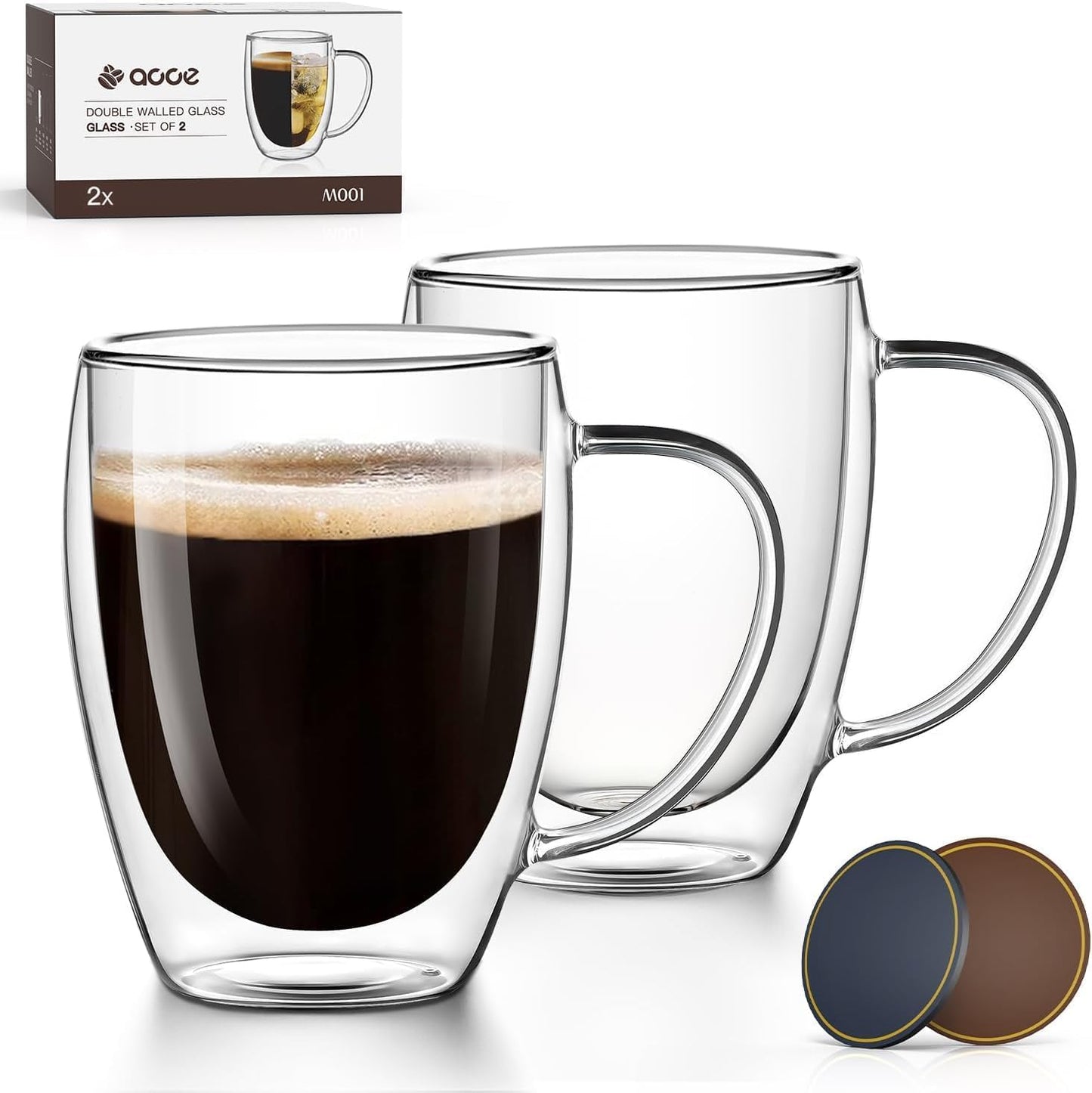 OJA Double Wall Glass Coffee Mugs Set of 2, 13oz Clear Glass Mugs, Insulated Coffee Cups, with coaster, Perfect for Espresso, Latte, Cappuccino, American, Tea Bag, Beverage