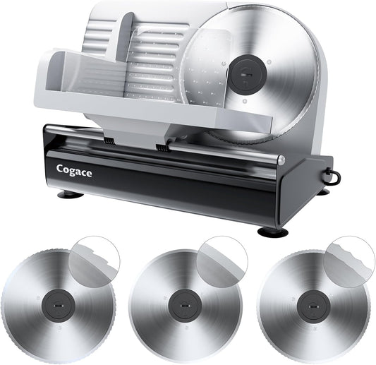 Powerful Deli Meat Slicer Machine, 200W Electric Food Slicer with 3 Types of 7.5" Stainless Steel Blades, Adjustable Thickness 0–15mm, for Meat, Cheese, Bread, Vegetables, Home Use