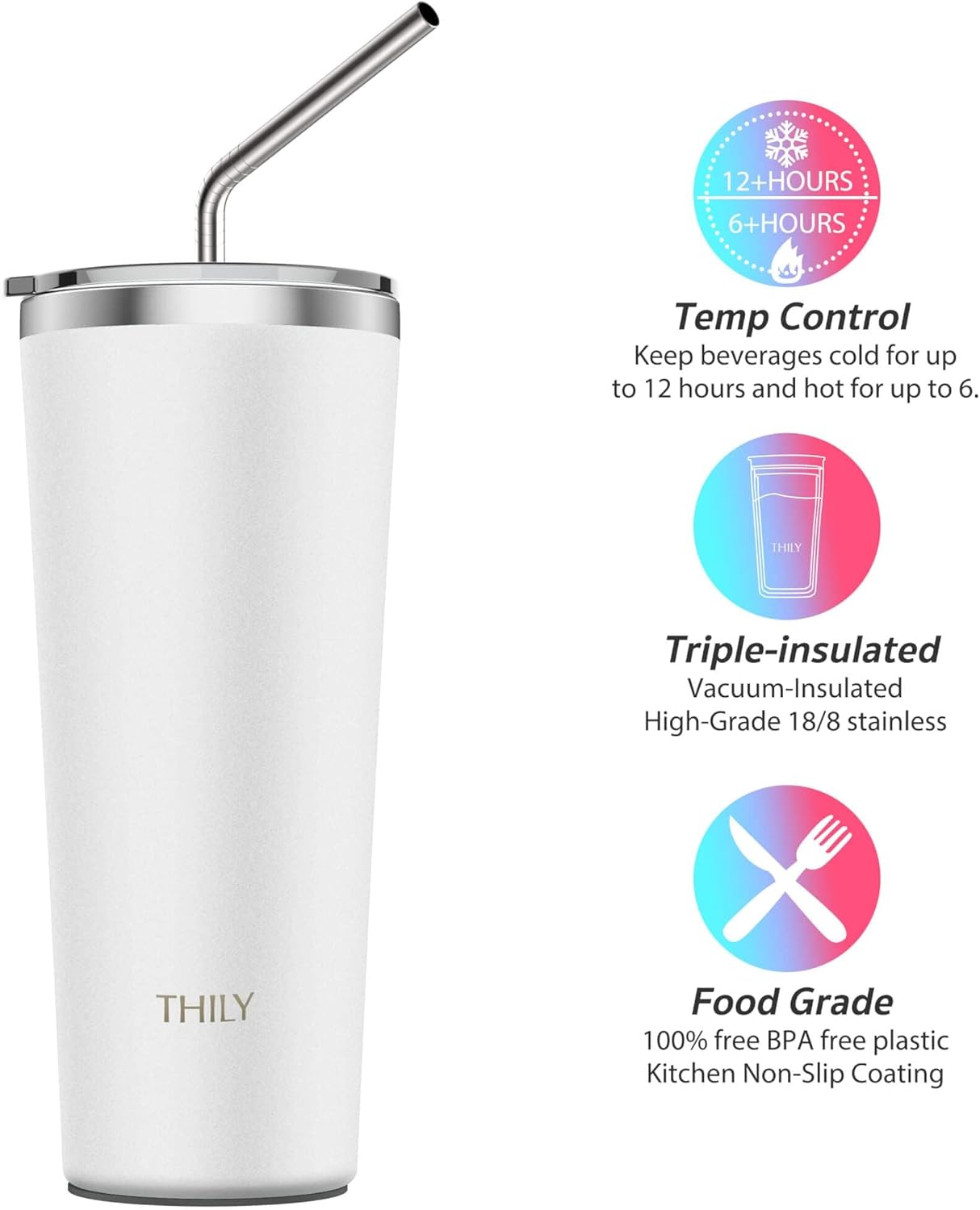 THILY Vacuum Insulated Tumbler Stainless Steel 26 oz Coffee Cup with 2 Lids and Straws, Powder Coated Travel Mug, Keeps Ice Drinks Cold, White