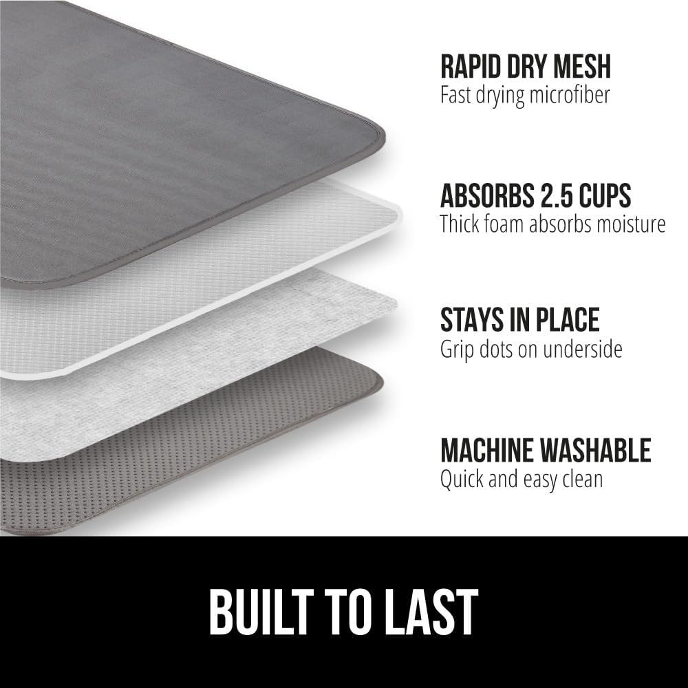 GORILLA GRIP Ultra Water Absorbent Microfiber Dish Drying Mat, 18x32, Quick Dry Thick Mesh, Slip Resistant Pad for Sink Dishes or Under Rack, Kitchen Counter Accessories, Machine Wash Mats, Gray