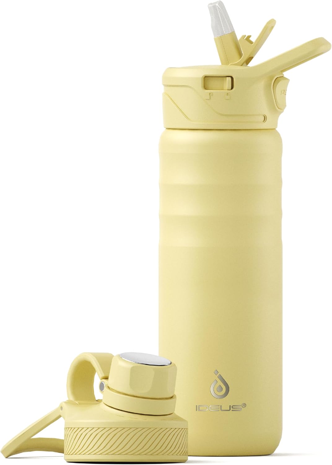 IDEUS Insulated Stainless Steel Water Bottle with 2 Leak-Proof Lids, Thermal Water Flask for Hiking Biking, 24oz, Light Yellow