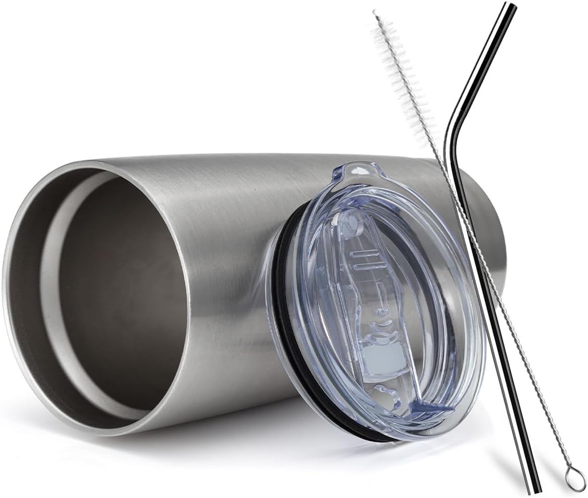 COMOOO 20oz Stainless Steel Tumbler Bulk Double Wall Vacuum Coffee Cup Insulated Travel Mug with Lid and Straw Durable Powder Coated Insulated Coffee Cup for Cold & Hot Drinks (silver, 8 pack