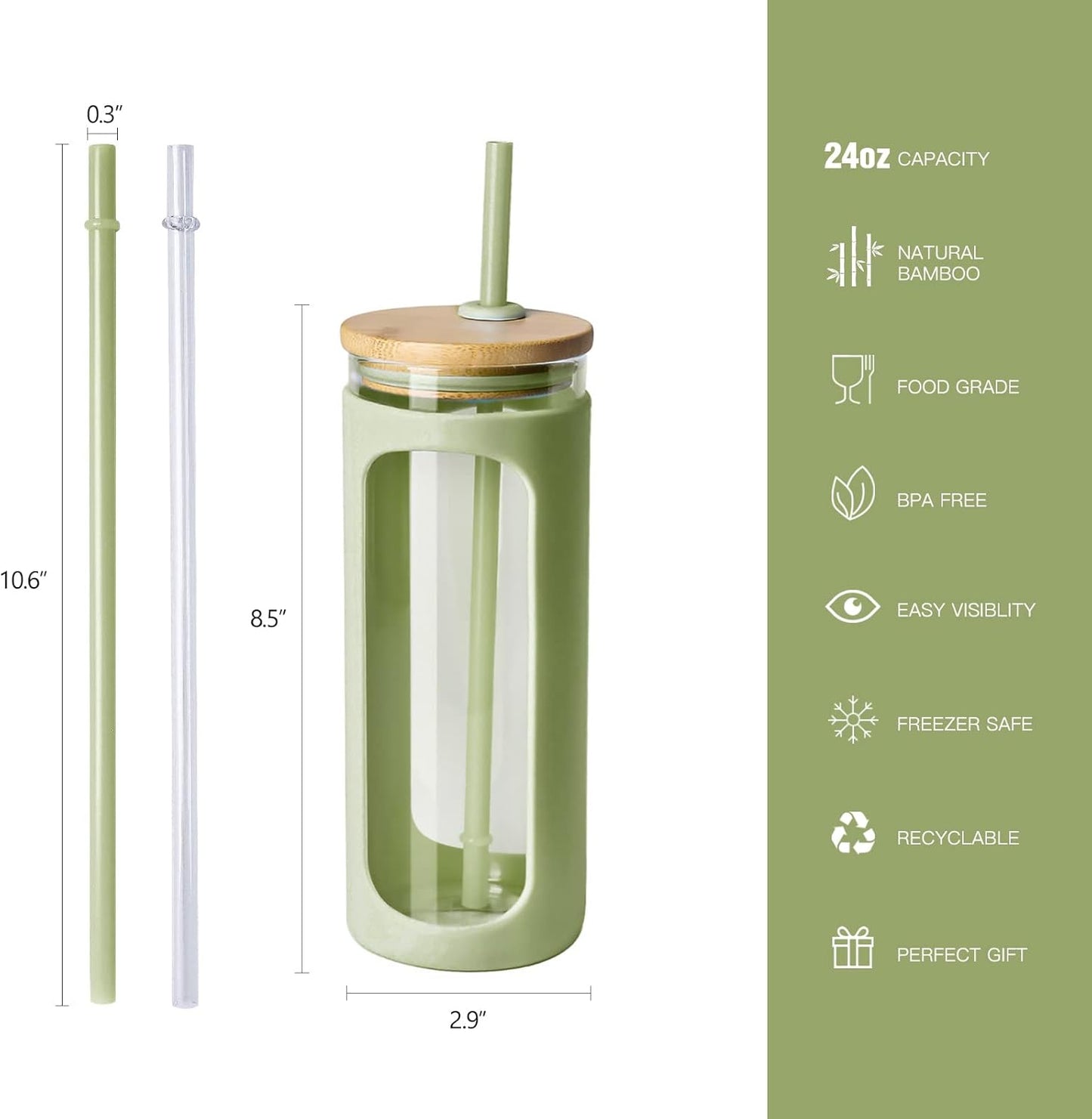 Kodrine 20oz Glass Tumbler with Straw and Lid, Iced Coffee Cups with Bamboo Lids, Glass Cups for Cold Drinks, Smoothie Cup with Silicone Sleeve for Travel, Work, BPA FREE-DaiquiriGreen