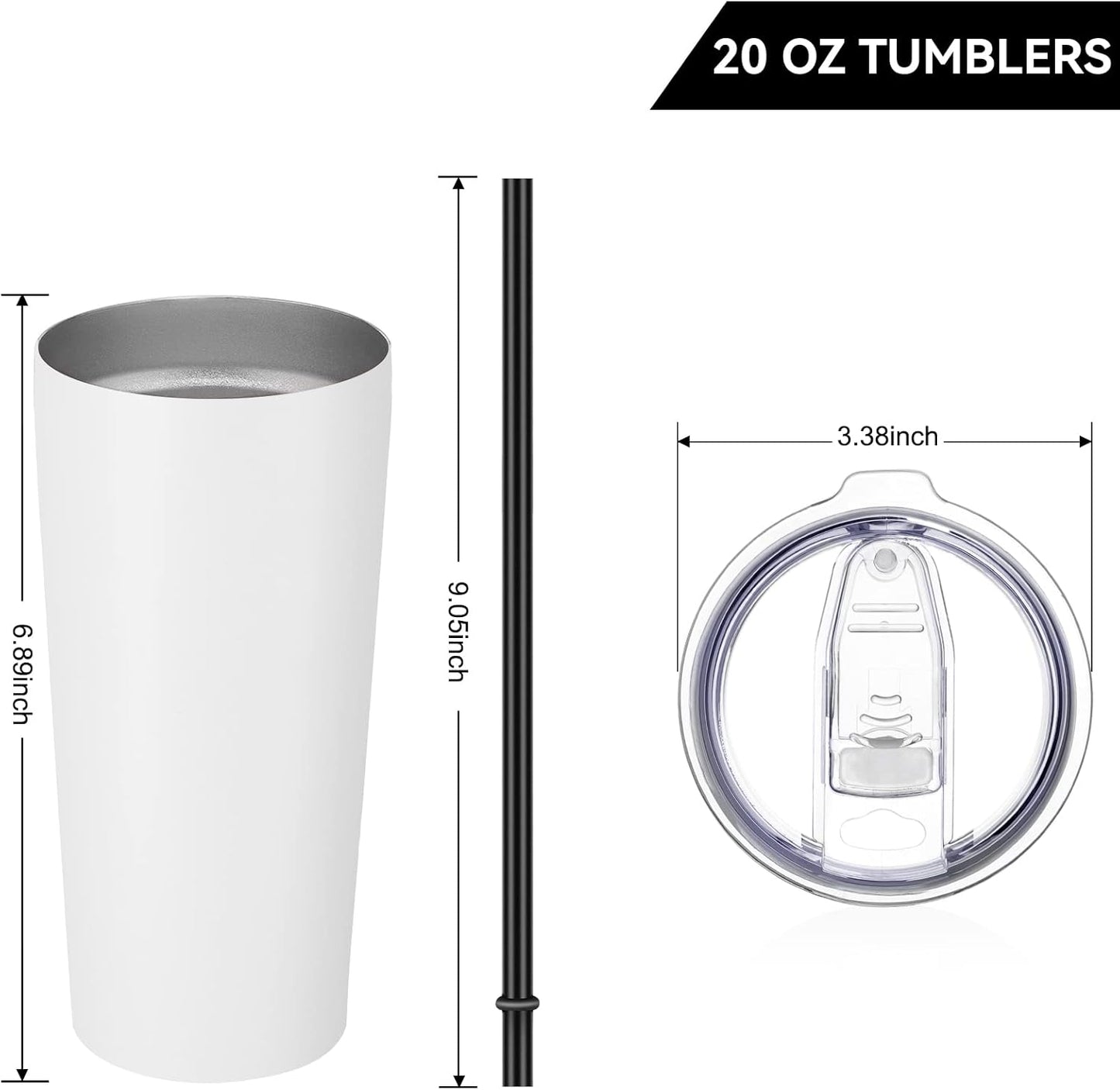 VEGOND 20oz Tumbler Bulk with Lid and Straw 6 Pack, Stainless Steel Vacuum Insulated Tumbler, Double Wall Coffee Cup Travel Mug, White