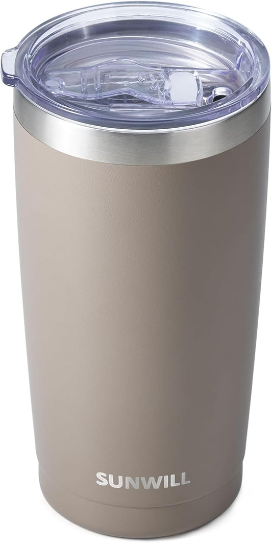 SUNWILL Travel Coffee Tumbler 20 oz, Insulated Mug with Lid, Stainless Steel Cup for Outdoor, Powder Coated Taupe