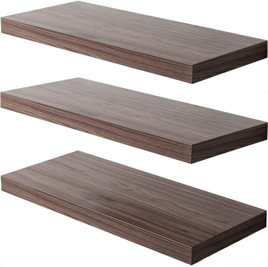 Floating Shelf, Set of 3 Wall Shelf, 24 in W x 12.75 in D x 2 in H Wooden Floating Wall Shelf with Invisible Brackets for Living Room/Bedroom/Bathroom/Kitchen Storage and Decor, Walnut