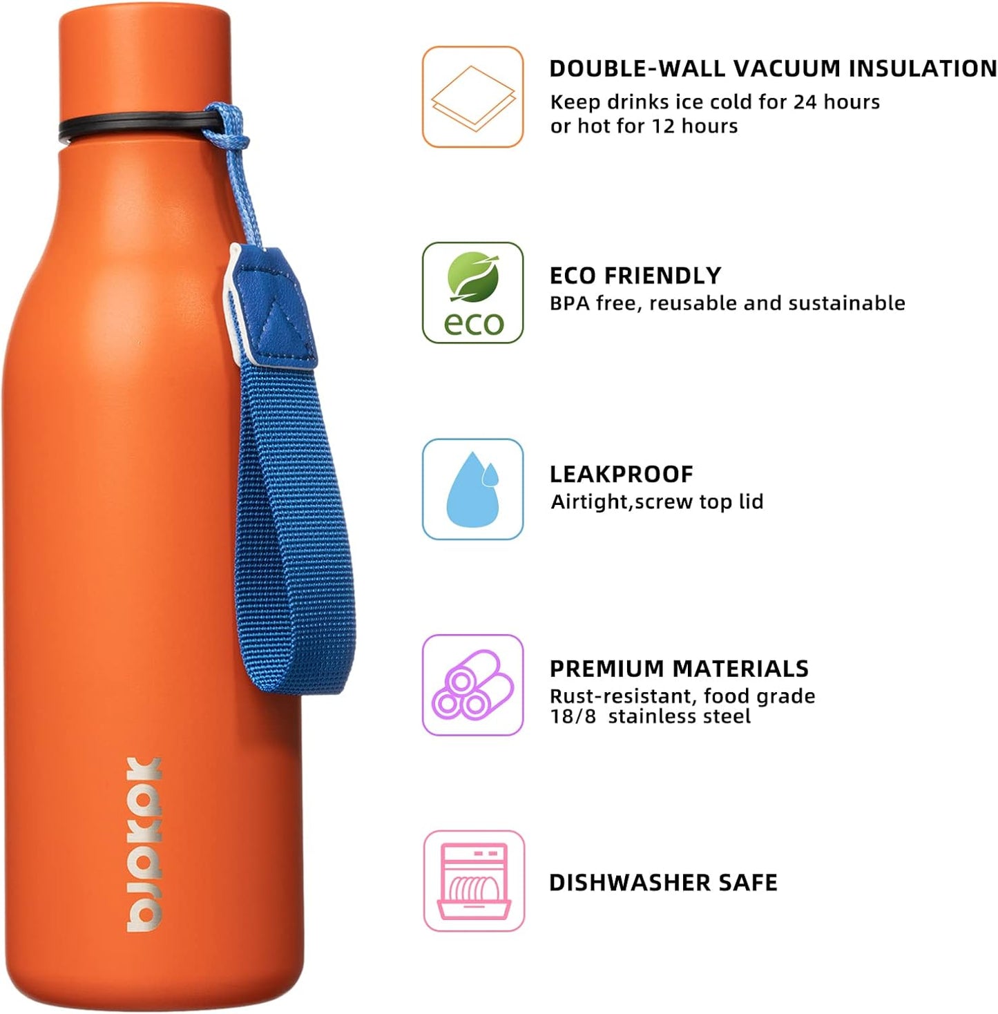 BJPKPK Insulated Water Bottles, 18 oz Stainless Steel Metal Water Bottle with Strap, BPA Free Leak Proof Thermos, Mugs, Flasks, Reusable Water Bottle for Sports & Travel, Orange