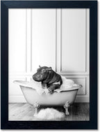 Black and White Bathroom Decor Funny Hippo in Bathtub Wall Art Framed Humor by Melpa+Art