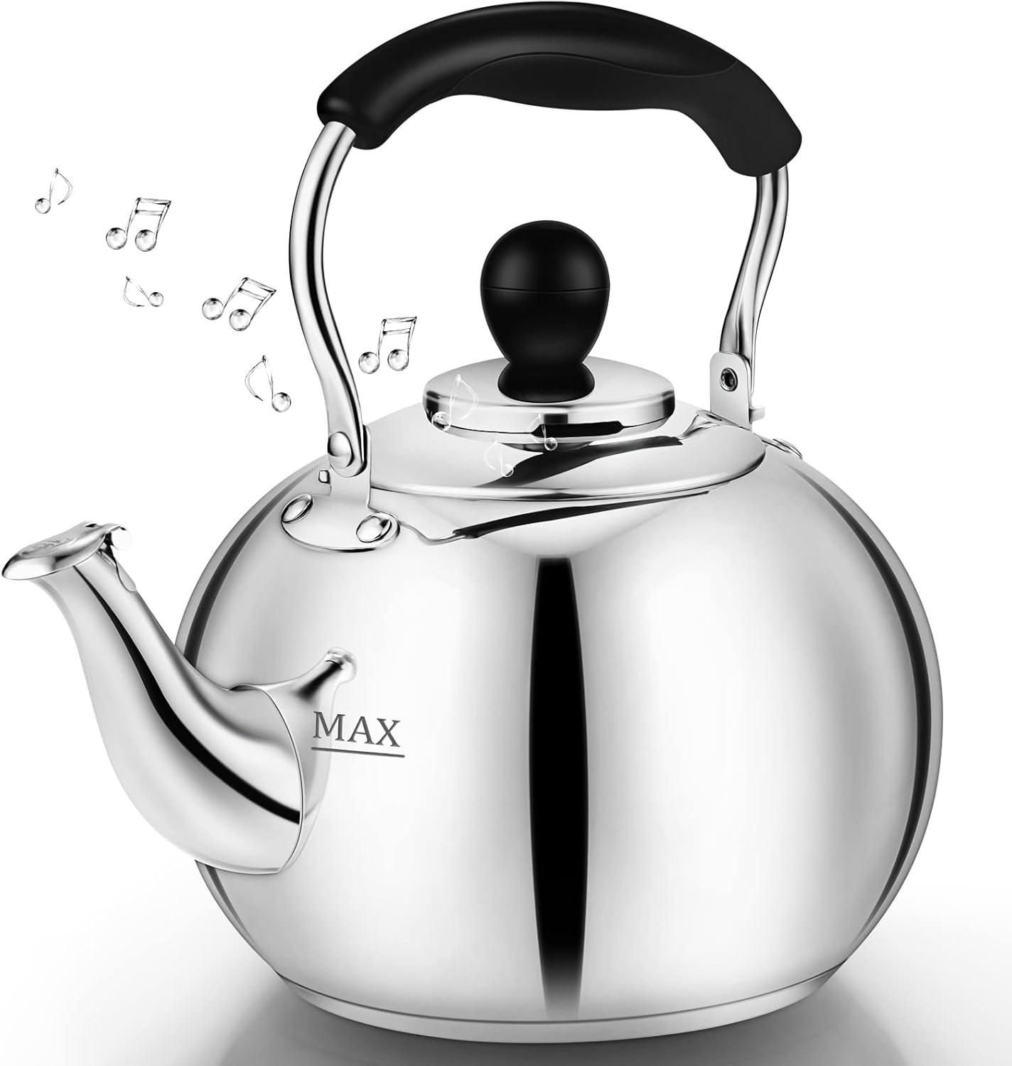 Whistling Tea Kettle Stovetop - 2.3 Quart Round Tea Pot for Stovetop, Silver Mirror Polished Classic Stovetop Kettle, Food Grade Material Teapot for Stove Top
