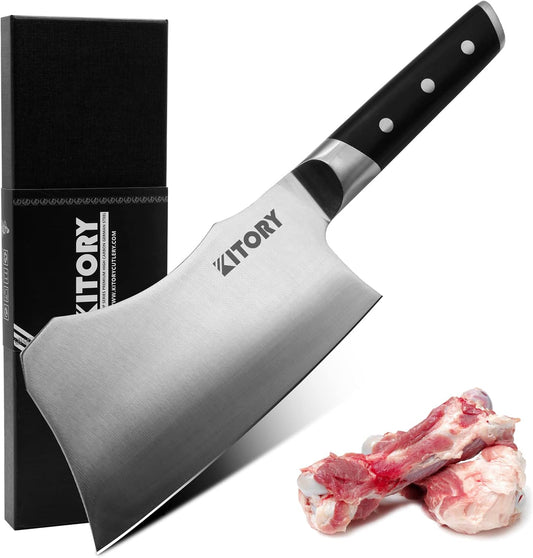 Meat Cleaver with Large Handle - 7 inch Kitchen Bone Chopper,German High Carbon Stainless Steel Chopping Knife with Ergonomic Wodden Handle - for Home Kitchen and Restaurant with Gifts Box
