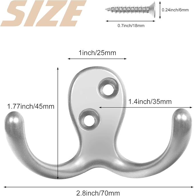 Homanu 54 Pack Coat Hooks, Heavy Duty Double Prong Coat Hooks Wall Mounted - Image 5