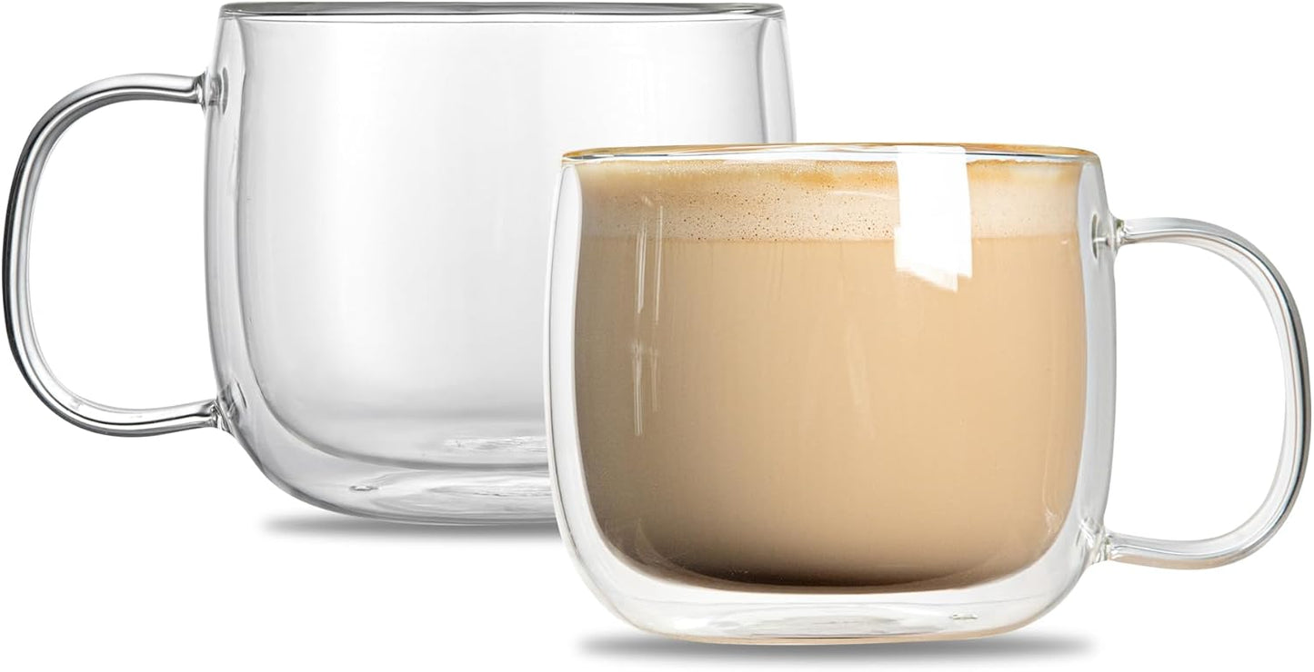 Restaurantware-Forma Professional 16.9 Ounce Double Wall Coffee Mugs, 12 Insulated Coffee Mugs With Handle - Dishwashable, Reusable, Clear Glass Beverage Cups, Freezable, For Hot Or Cold Beverages