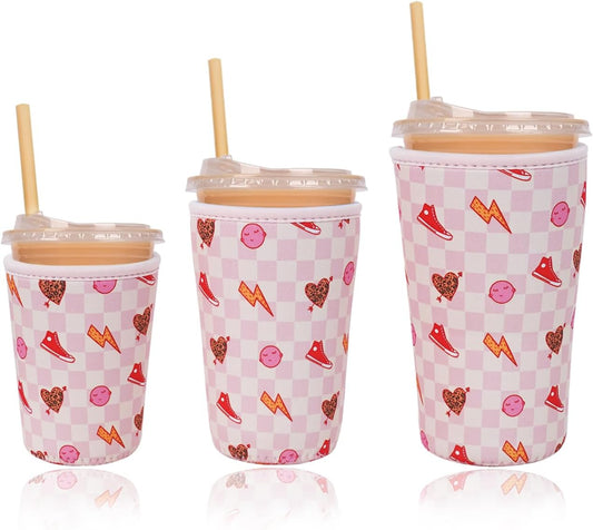 Reusable Insulated Neoprene Iced Coffee Cup Sleeve, Durable Drink Sleeve for Cold Beverages, Beverage Holder for Iced Coffee, Preppy Pink