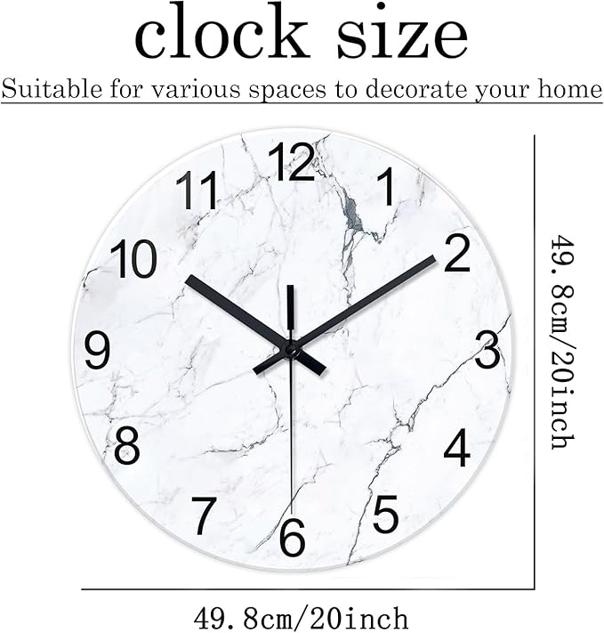 White Marble Glass Wall Clocks Battery Operated 20 Inch Large Abstract - Image 3