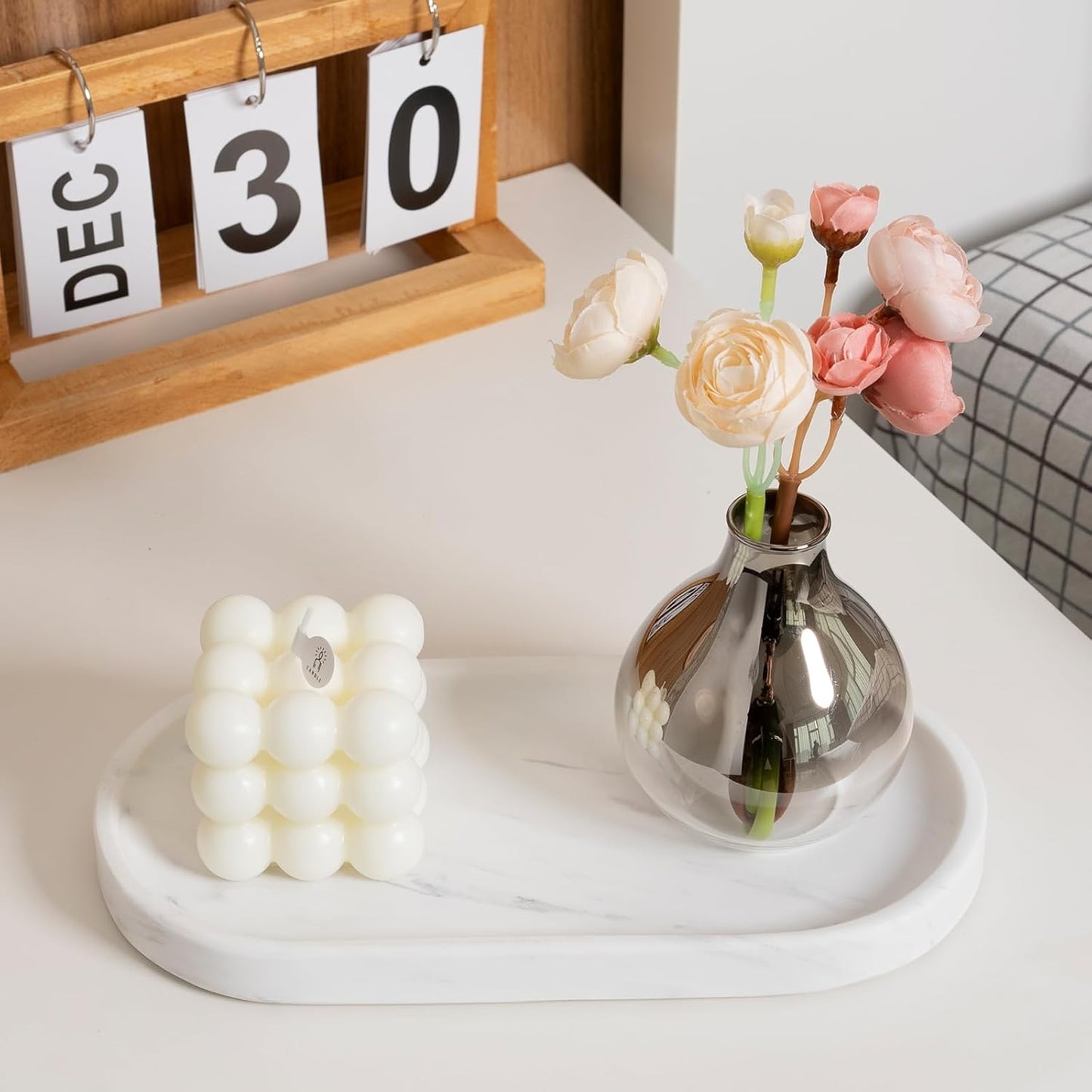 Koville White Marble Oval Tray for Bathroom Countertop, 10" x 5" Natural Marble Vanity Trays, Stone Perfume Organizer Tray for Decor, Jewelry Dish Perfume Trays for Dresser