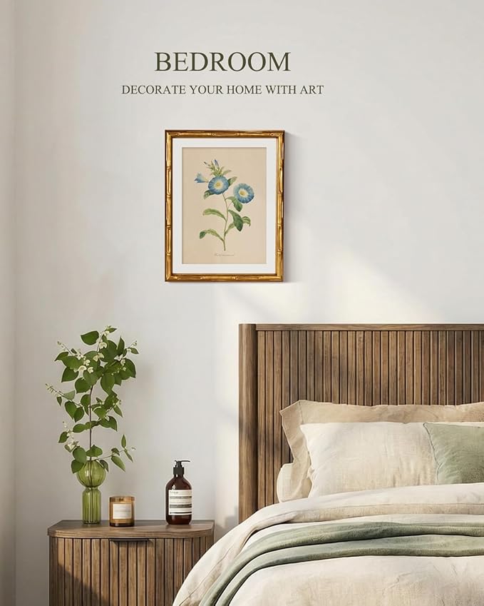 InSimSea Gold Bamboo Framed Canvas Wall Art, Retro Blue Field Bindweed - Image 6