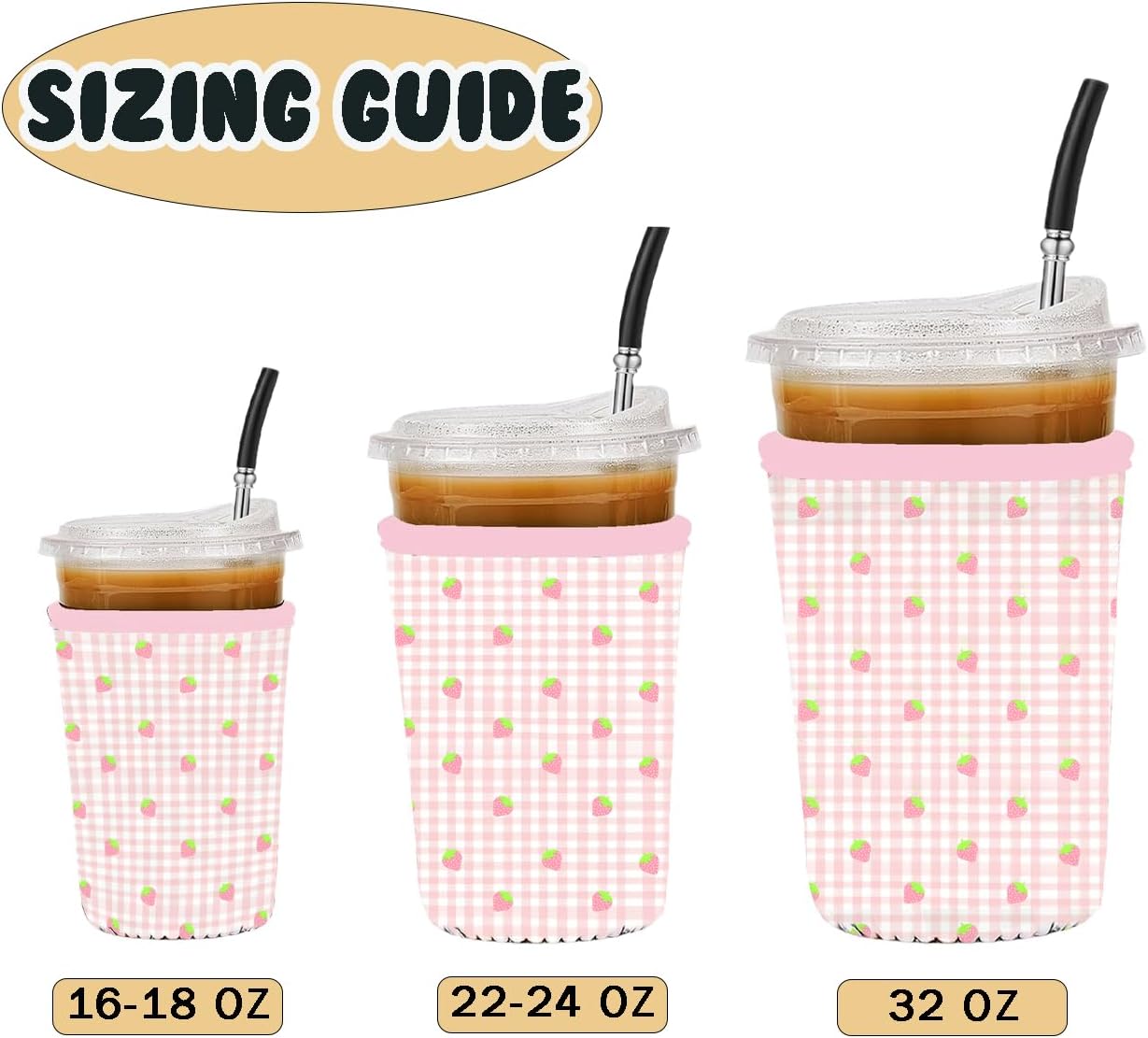 Reusable 3-Pack Iced Coffee Cup Sleeve, Insulated Neoprene, Beverage Holder for Iced Coffee, Durable Drink Sleeve for Cold Beverages, Strawberry Grid
