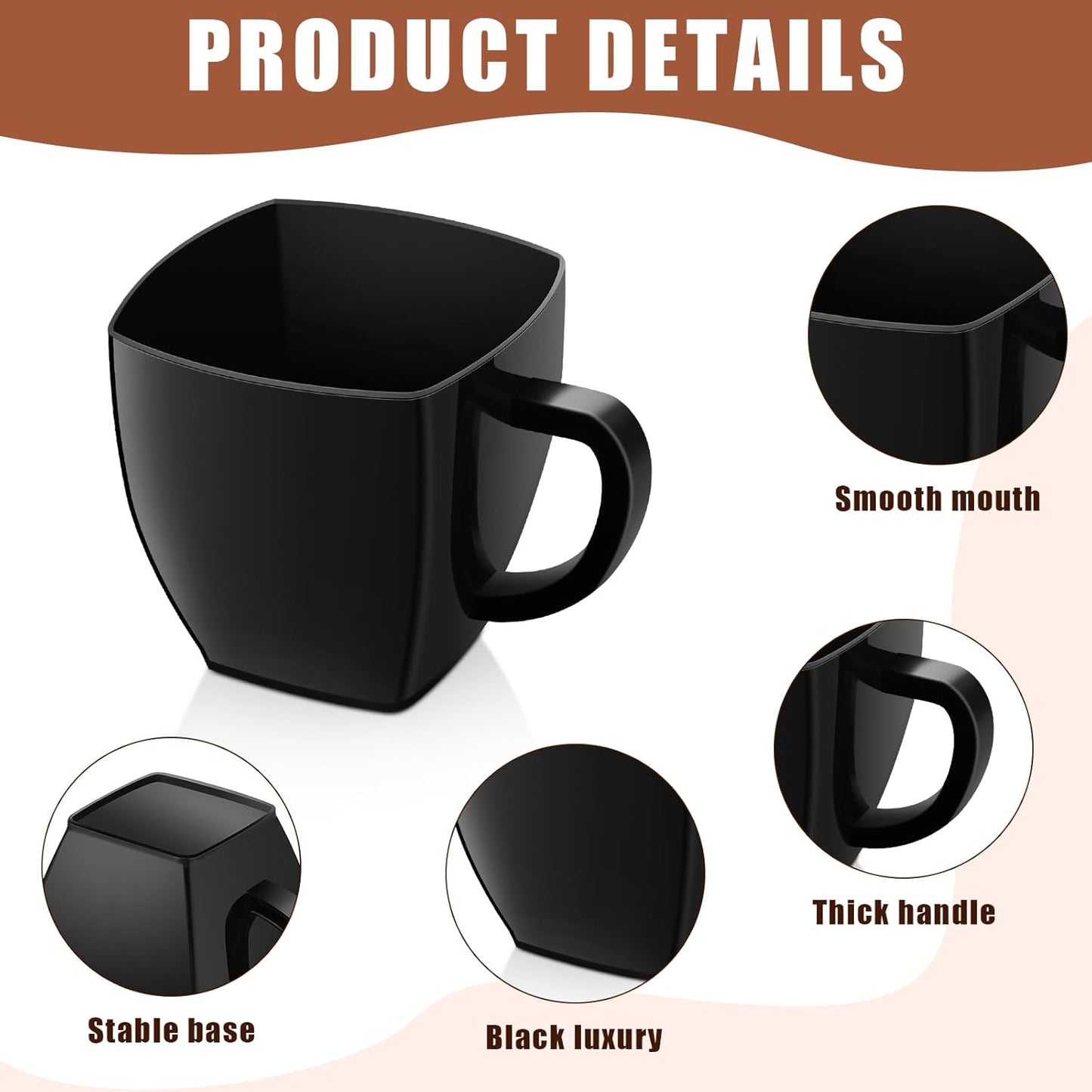 Amyhill 100 Pcs Disposable Tea Cups Mini Plastic Tea Cup Bulk with Handle Hard Plastic Coffee Mug Disposable Square Espresso Mug for Party Catering (Black)