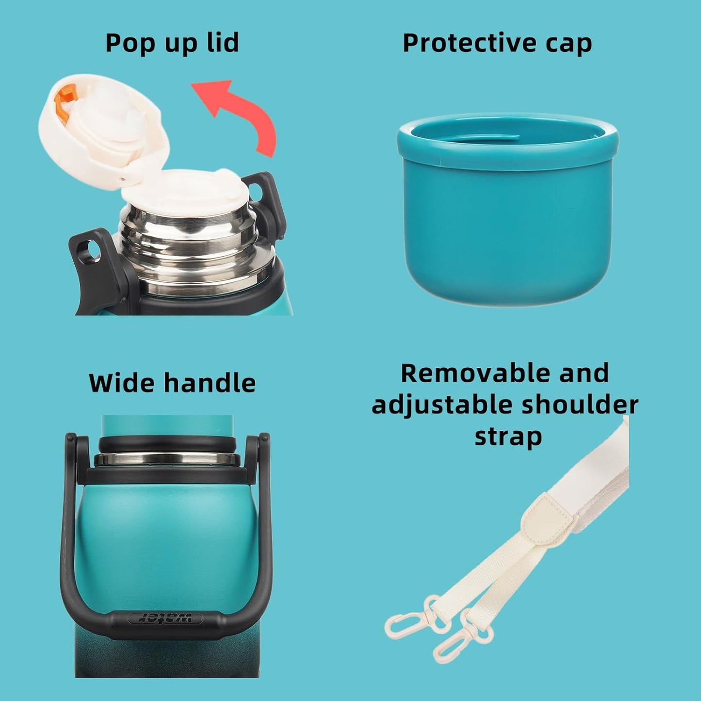 BJPKPK Insulated Thermos Water Bottle with Handle and Lid 40oz Stainless Steel Water Bottles for Cold and Hot Beverages,TealBlack